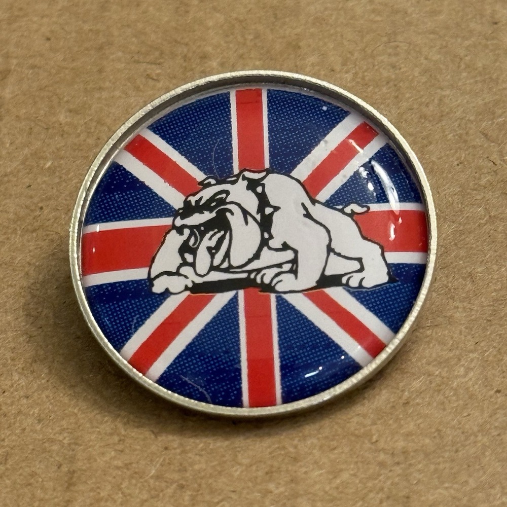 White Bulldog British Union Jack Flag Lapel Pin Round Circle